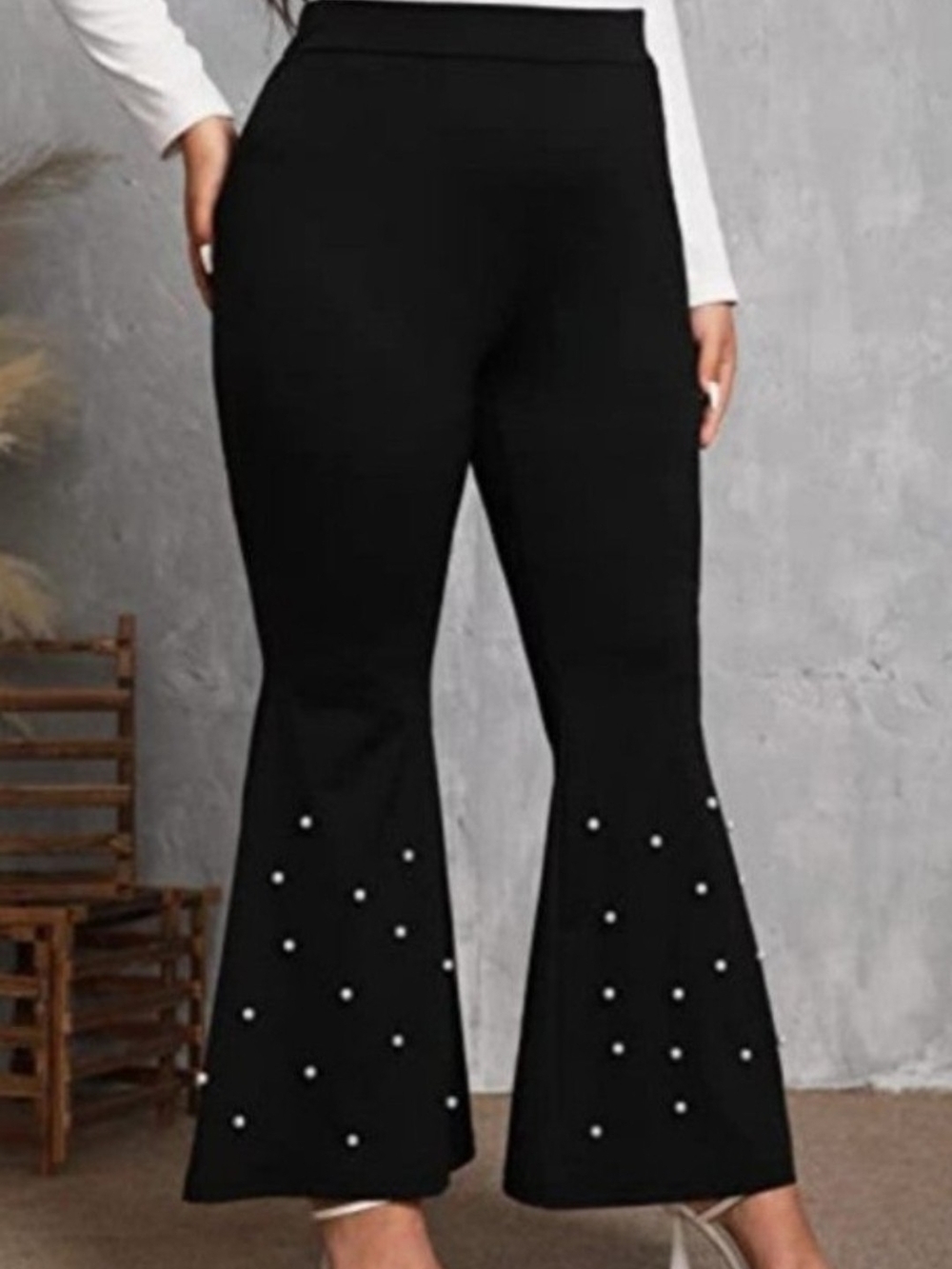Women's Black Flared Pearl-Embellished Pants